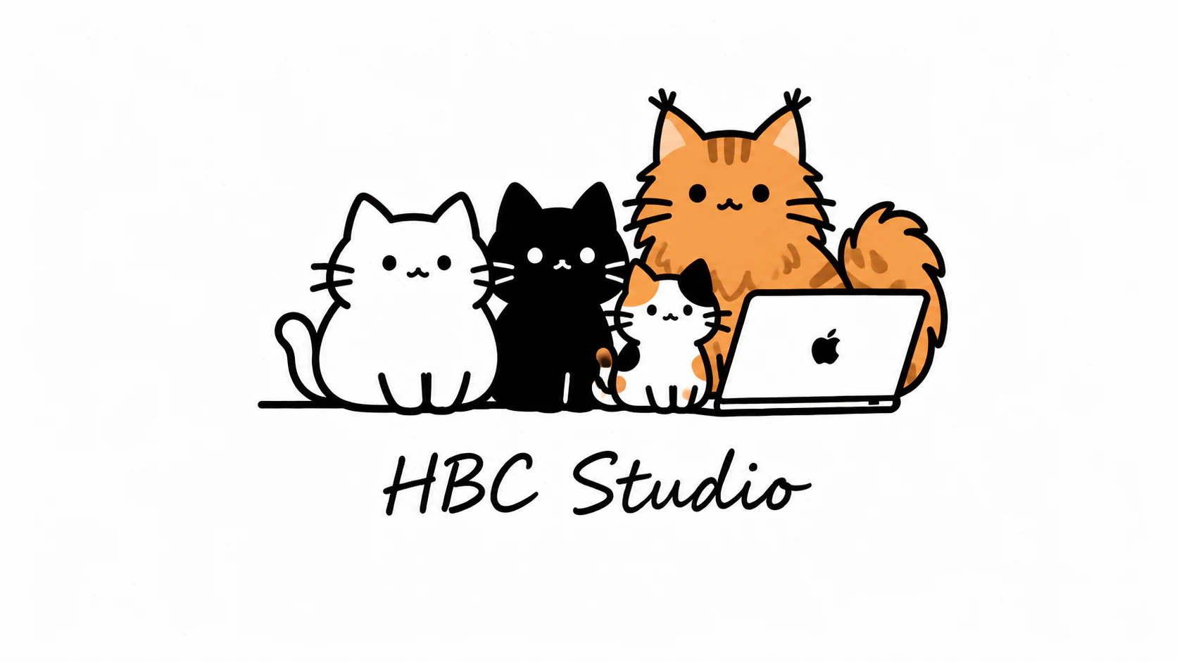 HBC Studio 的四只猫坐在笔记本电脑旁：圆胖白猫、黑猫、小花猫和体型最大的橘色缅因猫